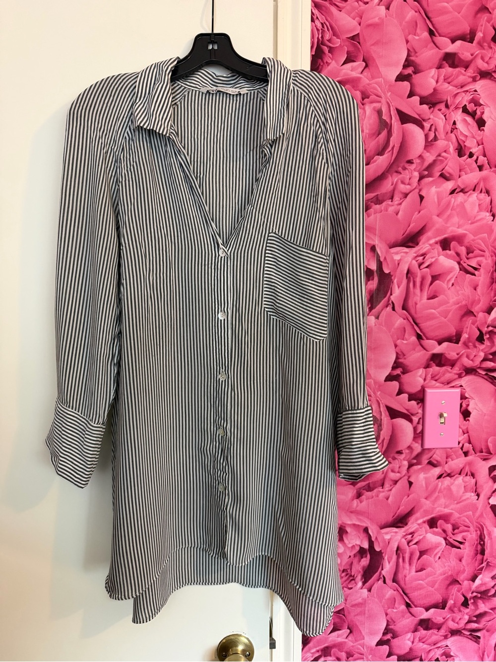 Zara Black and White Vertical Stripe Button-Down Tunic
